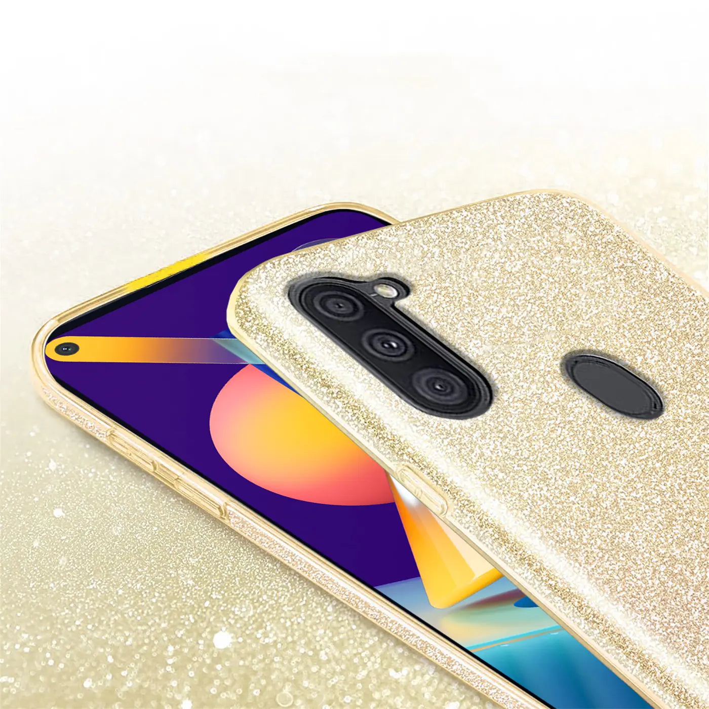 Goldene Glitzer-TPU-Hülle auf Samsung Galaxy M11, Nahaufnahme, von oben rechts
