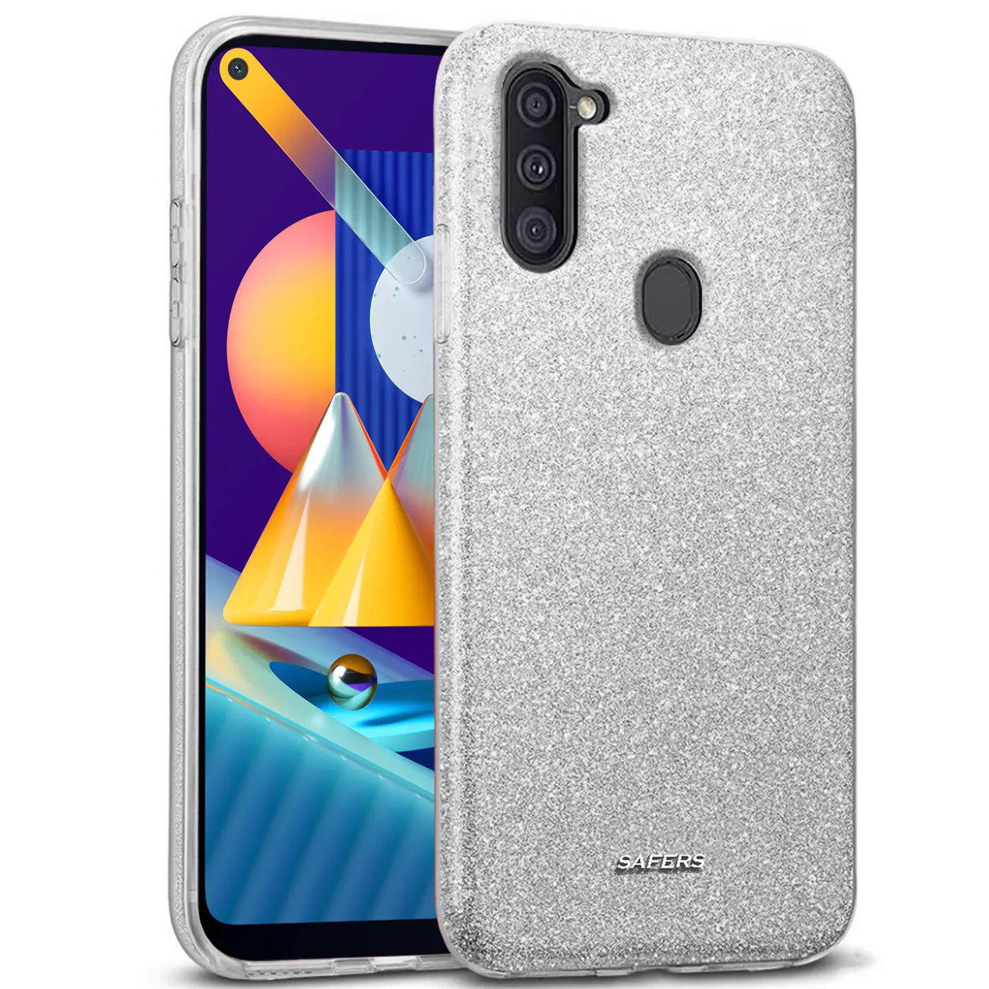 Silberne Glitzer-TPU-Hülle für Samsung Galaxy M11, von vorne schräg fotografiert.