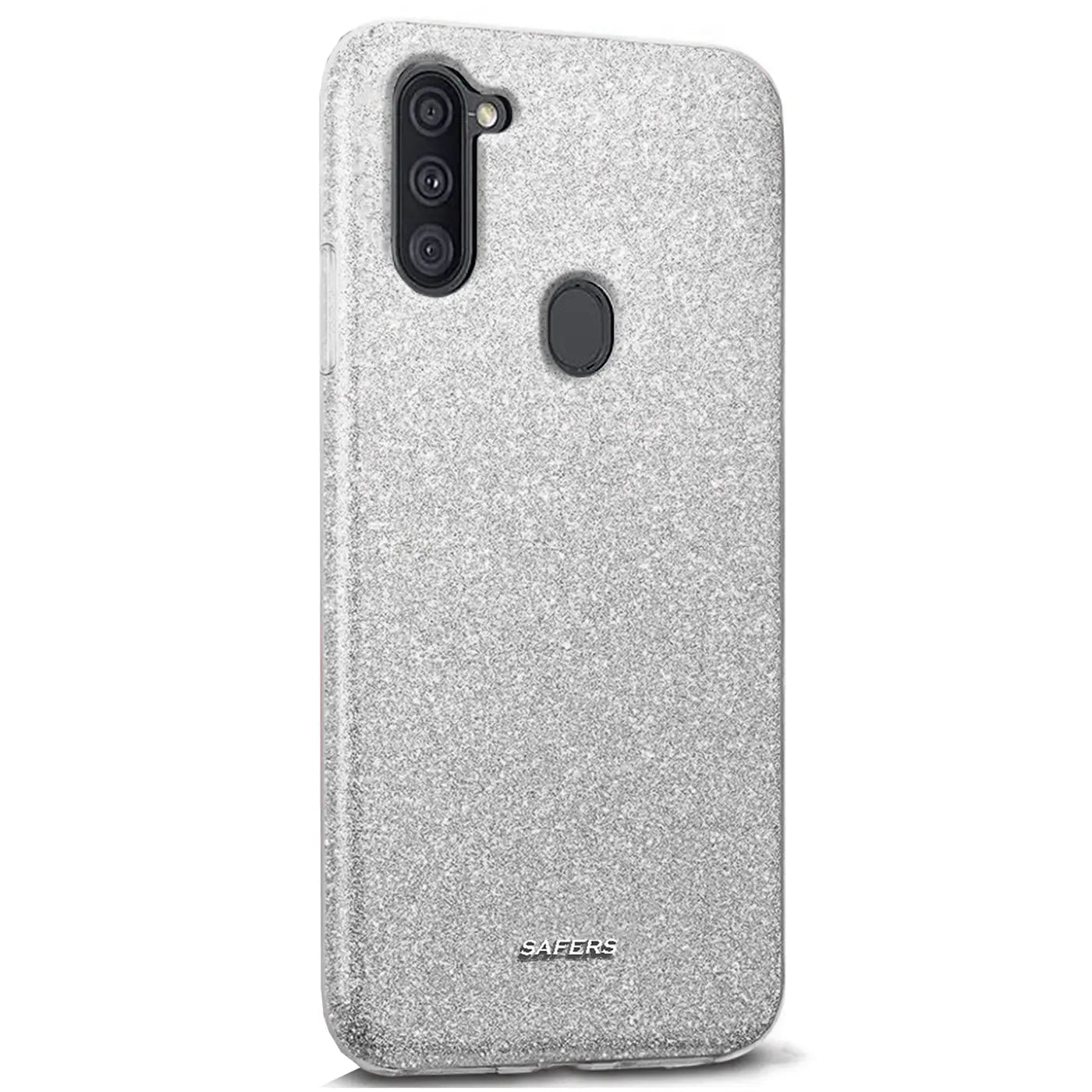 Silberne Glitzer-TPU-Hülle für Samsung Galaxy M11, Rückansicht, leicht schräg.