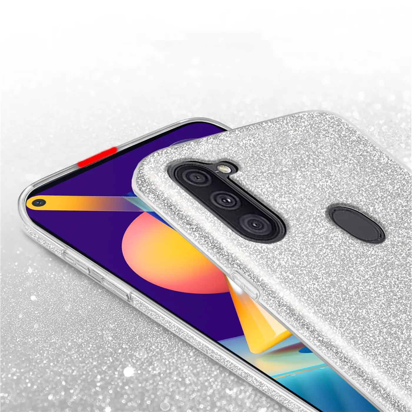 Silberne Glitzer-TPU-Hülle auf Samsung Galaxy M11, Nahaufnahme von hinten.