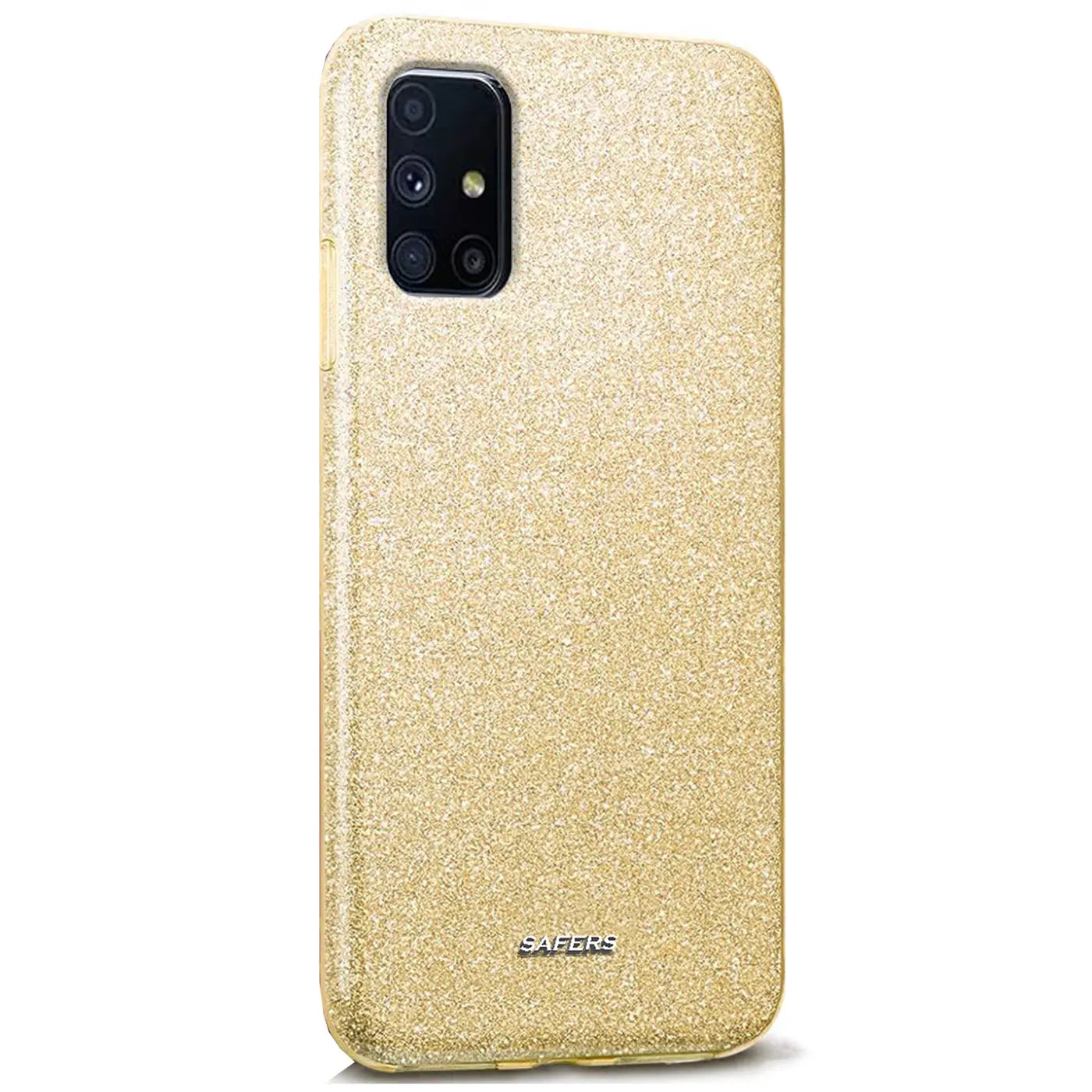 Goldene Glitzer-TPU-Hülle für Samsung Galaxy M31s, von vorne, leicht schräg.