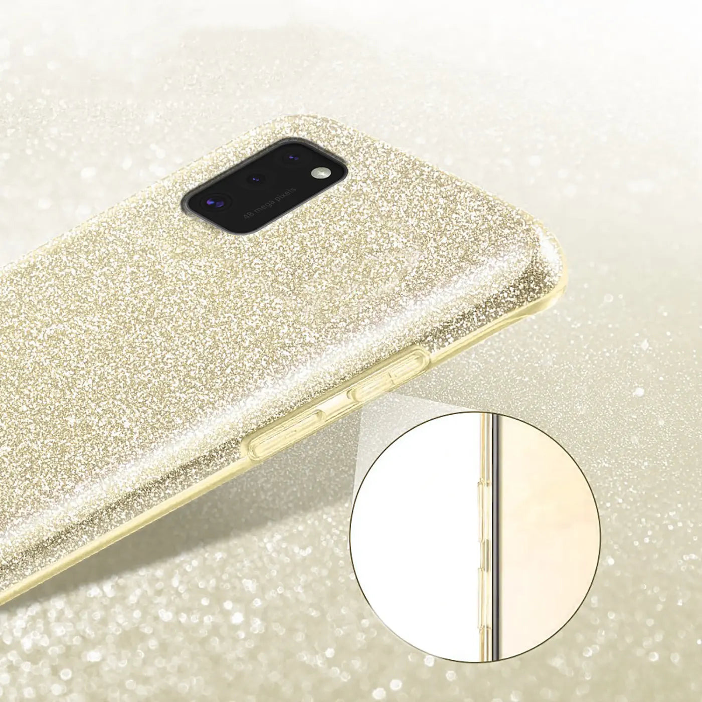 Goldene Glitzer-TPU-Hülle für Samsung Galaxy M31s, Seitenansicht.
