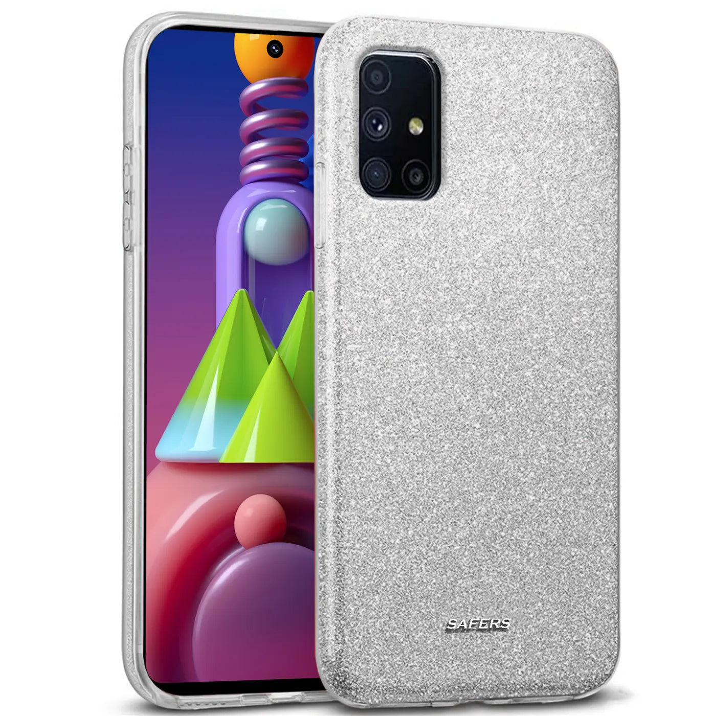 Silberne Glitzer TPU Hülle für Samsung Galaxy M31s, von vorne schräg gezeigt.