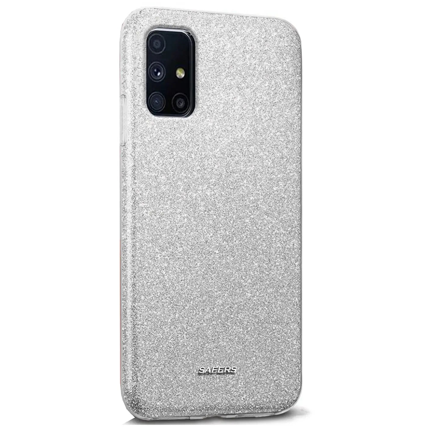 Silberne Glitzer TPU Hülle für Samsung Galaxy M31s, Rückansicht, leicht schräg.