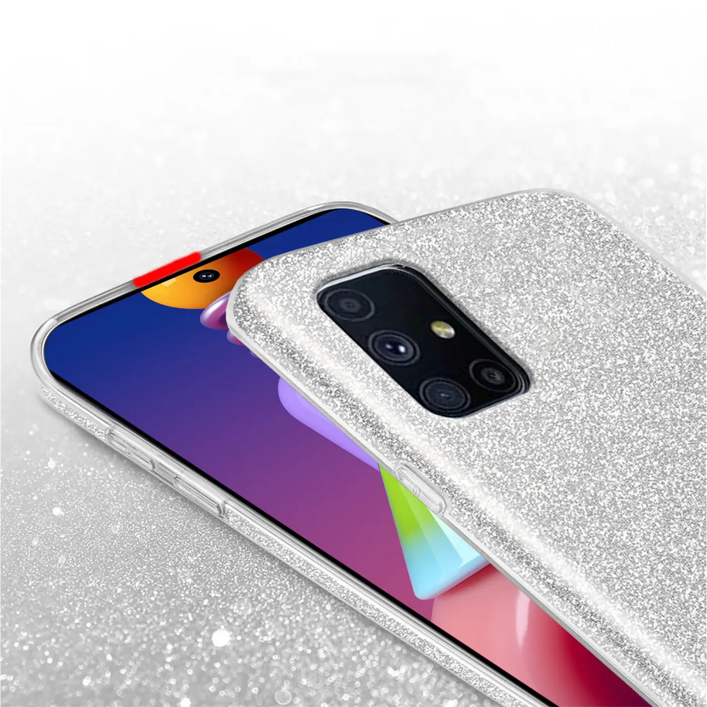 Silberne Glitzer TPU Hülle auf Samsung Galaxy M31s, Nahaufnahme, von oben