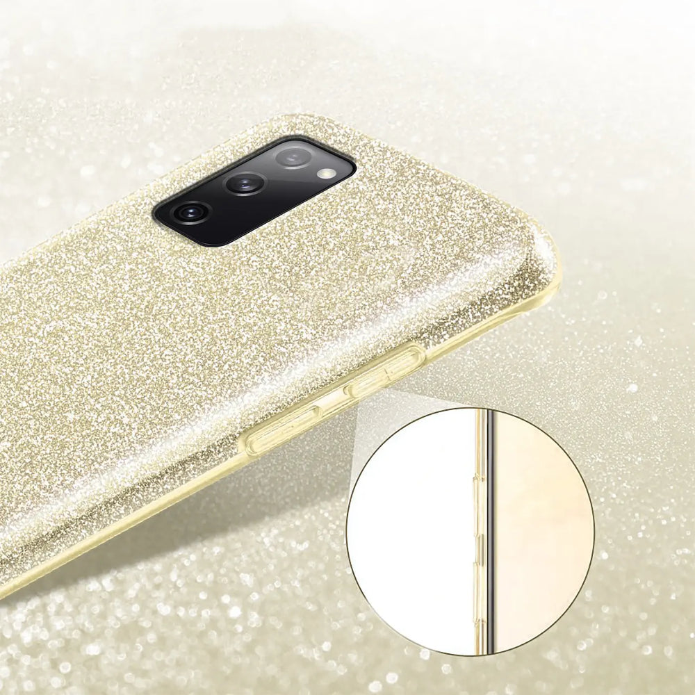 Goldene Glitzer-TPU-Hülle für Samsung Galaxy S20 FE, von oben rechts gesehen.