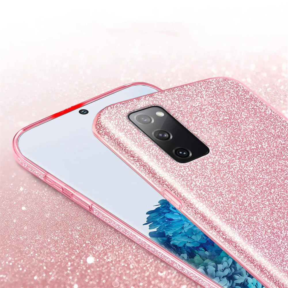 Rosa Glitzer TPU Hülle auf Samsung S20 FE, Nahaufnahme, von oben