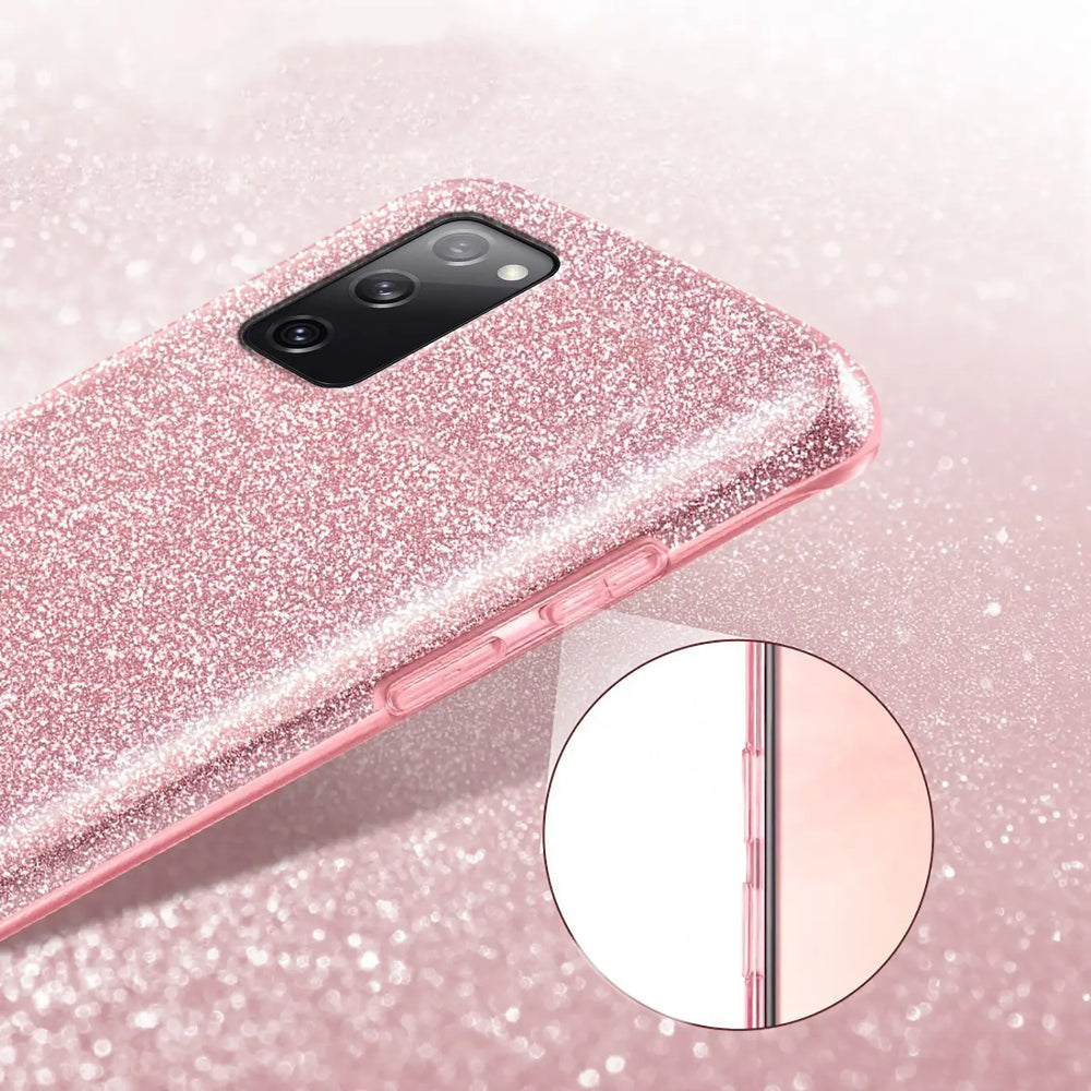 Rosa Glitzer TPU Hülle für Samsung S20 FE, Seitenansicht, Nahaufnahme.