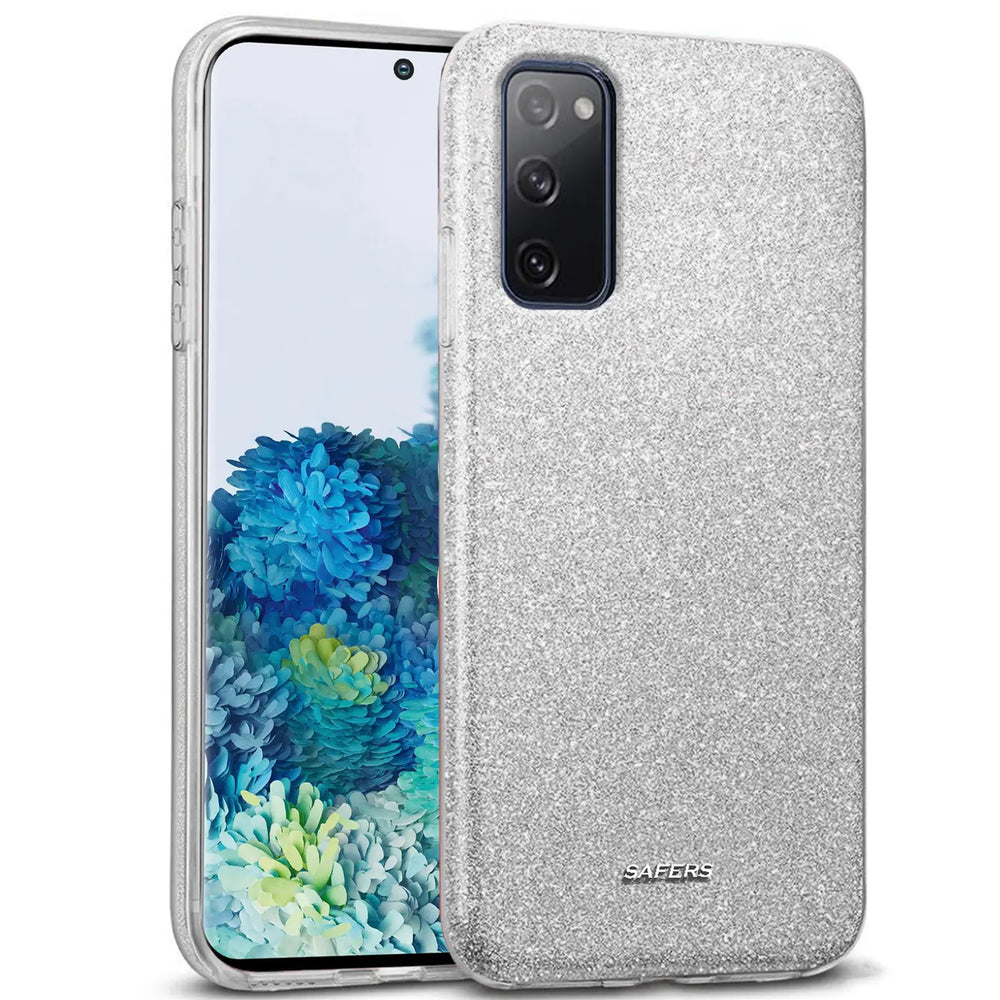 Silberne Glitzer TPU Hülle auf Samsung Galaxy S20 FE, von vorne schräg