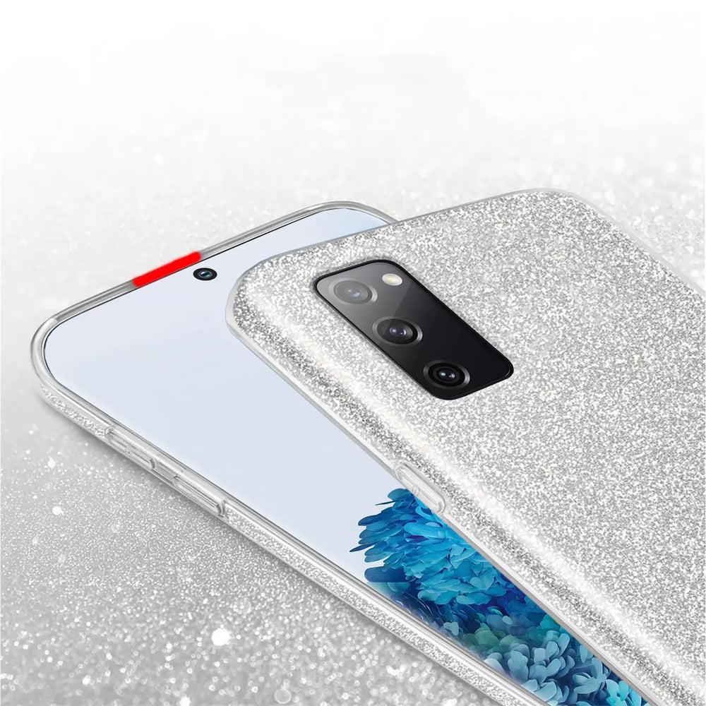 Silberne Glitzer TPU Hülle auf Samsung Galaxy S20 FE, von oben links