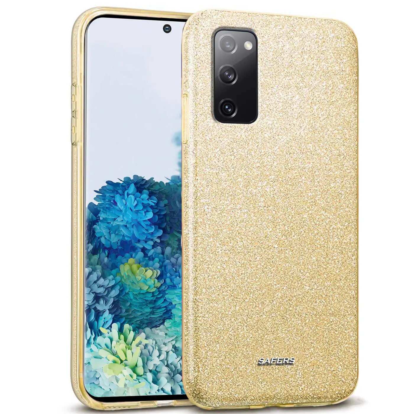 Goldene Glitzer-TPU-Hülle auf Samsung Galaxy S20, von vorne schräg.