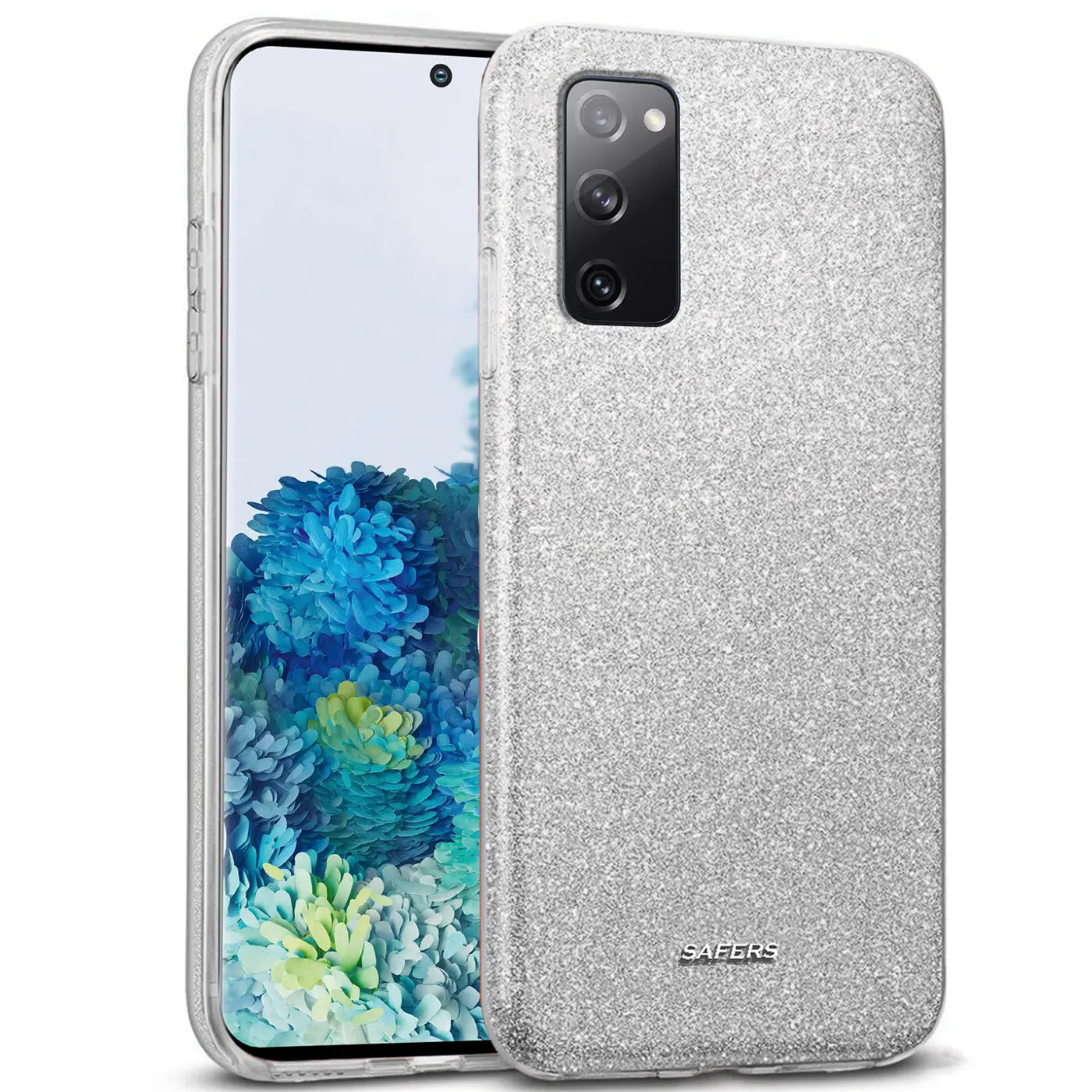 Silberne Glitzer-TPU-Hülle auf Samsung Galaxy S20, von vorne schräg