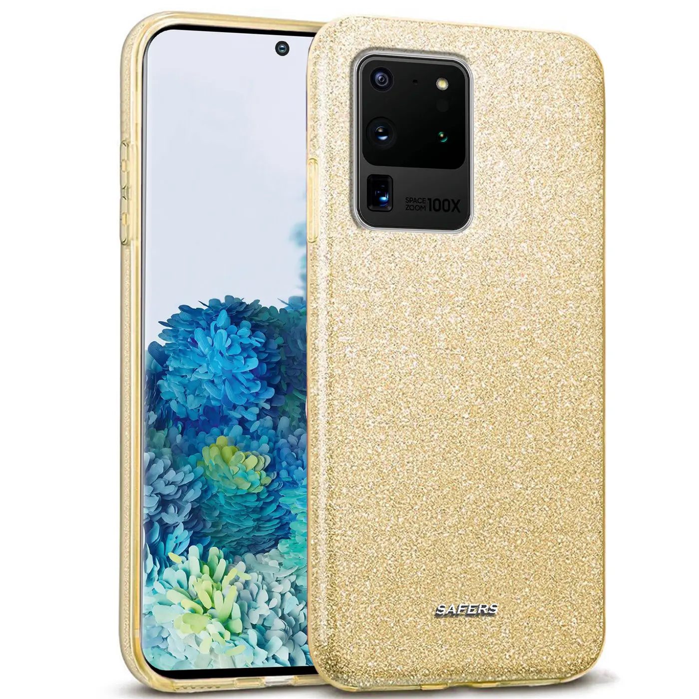 Goldene Glitzer TPU Hülle auf Samsung Galaxy S20 Ultra, von vorne schräg