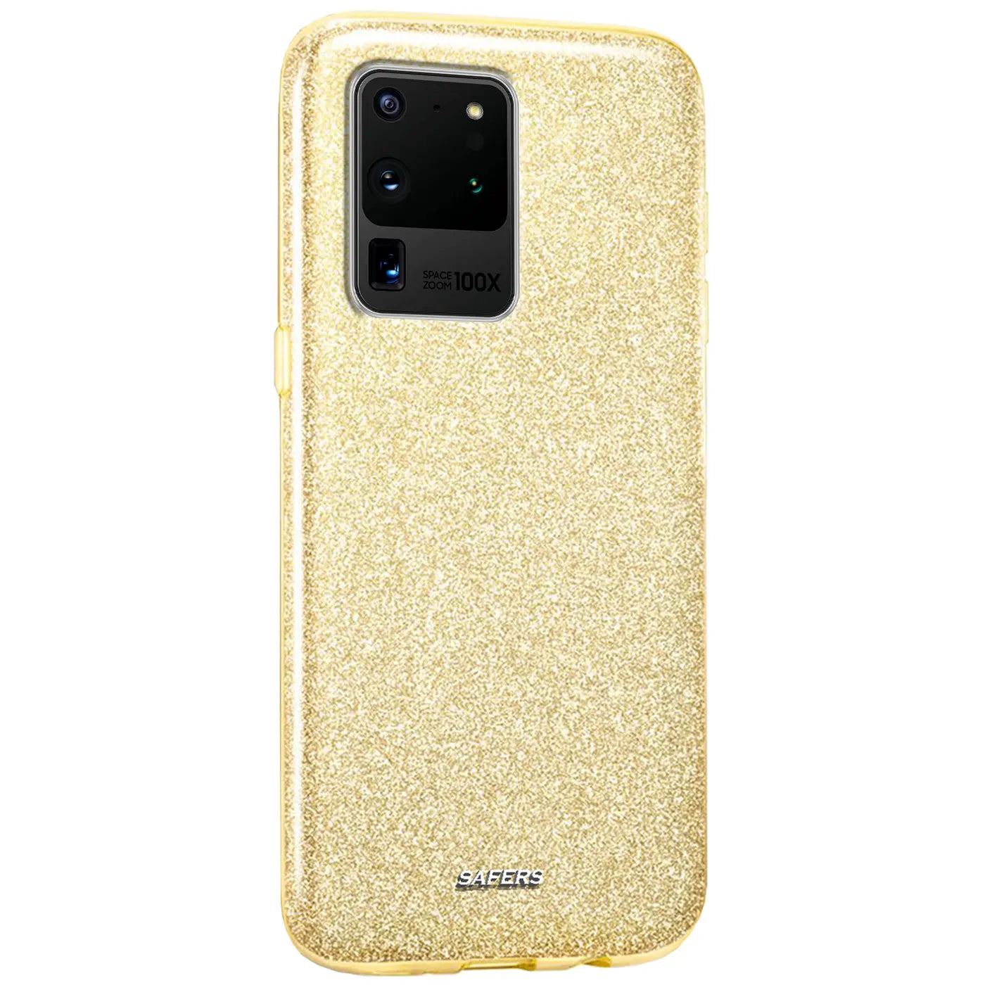 Goldene Glitzer TPU Hülle auf Samsung Galaxy S20 Ultra, Rückansicht.