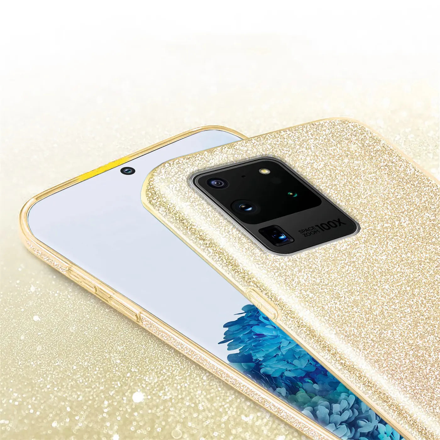Goldene Glitzer TPU Hülle auf Samsung Galaxy S20 Ultra, Nahaufnahme