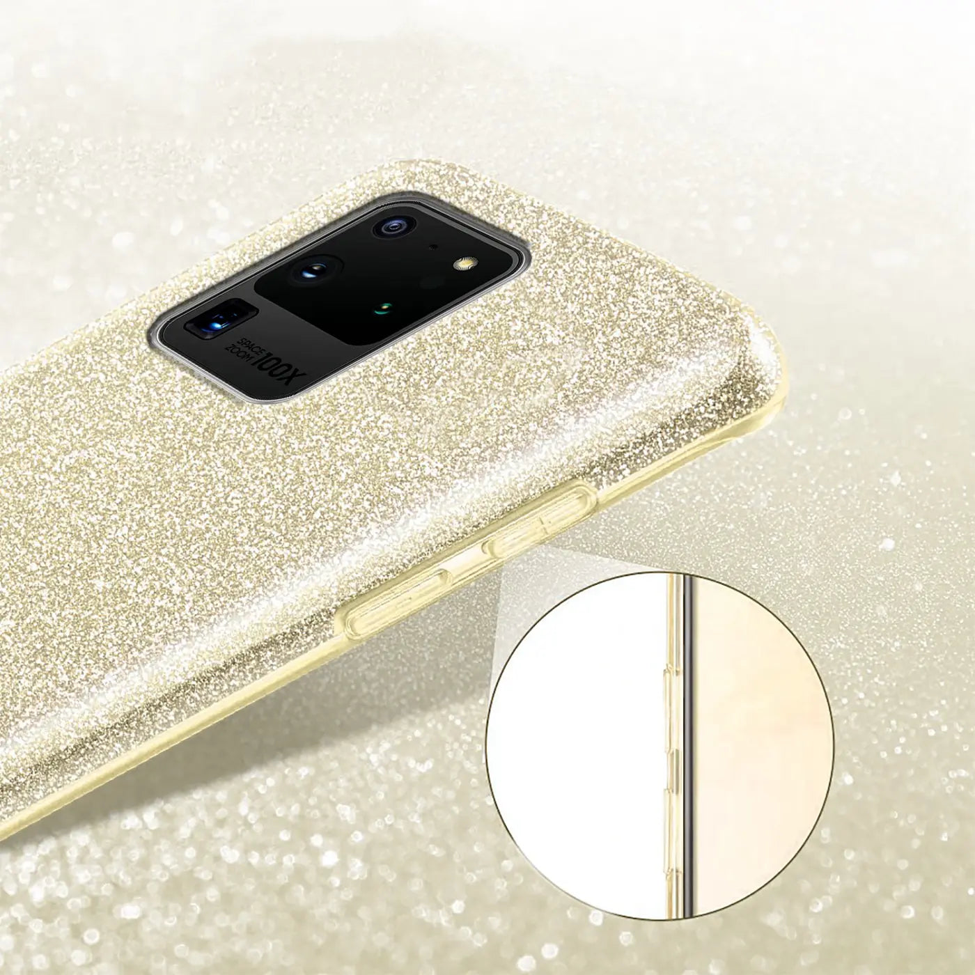 Goldfarbene Glitzer-TPU-Hülle für Samsung Galaxy S20 Ultra, Nahaufnahme