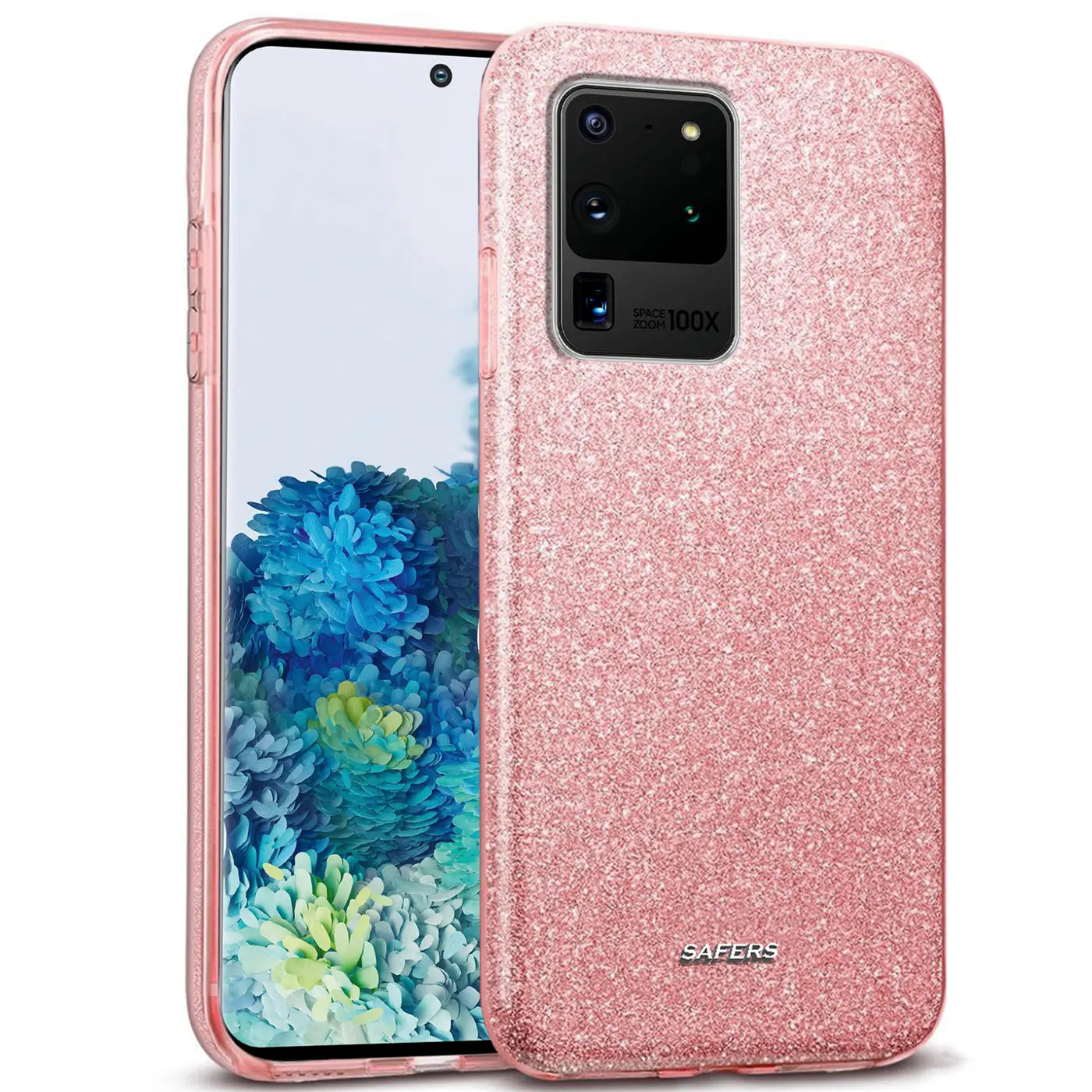Rosa Glitzer TPU Hülle auf Samsung Galaxy S20 Ultra, von vorne, leicht schräg.