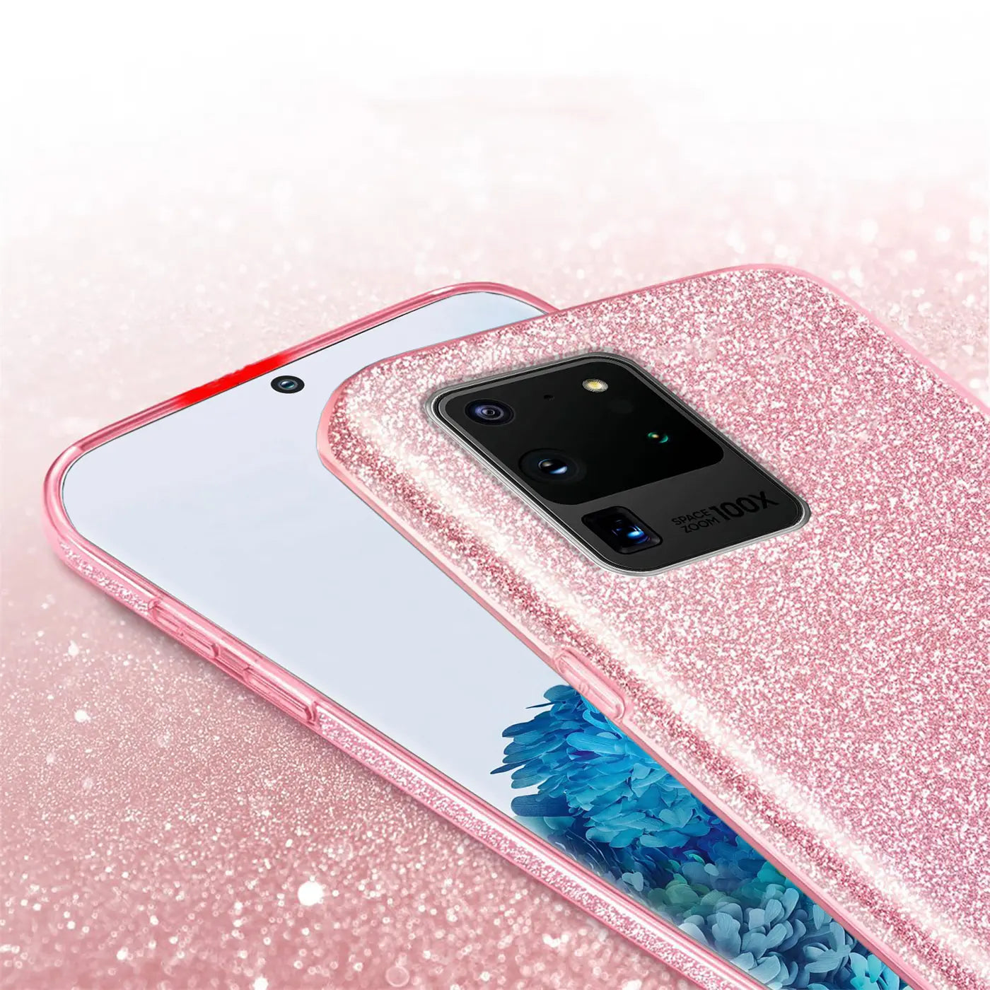 Rosa Glitzer TPU Hülle auf Samsung S20 Ultra, Nahaufnahme