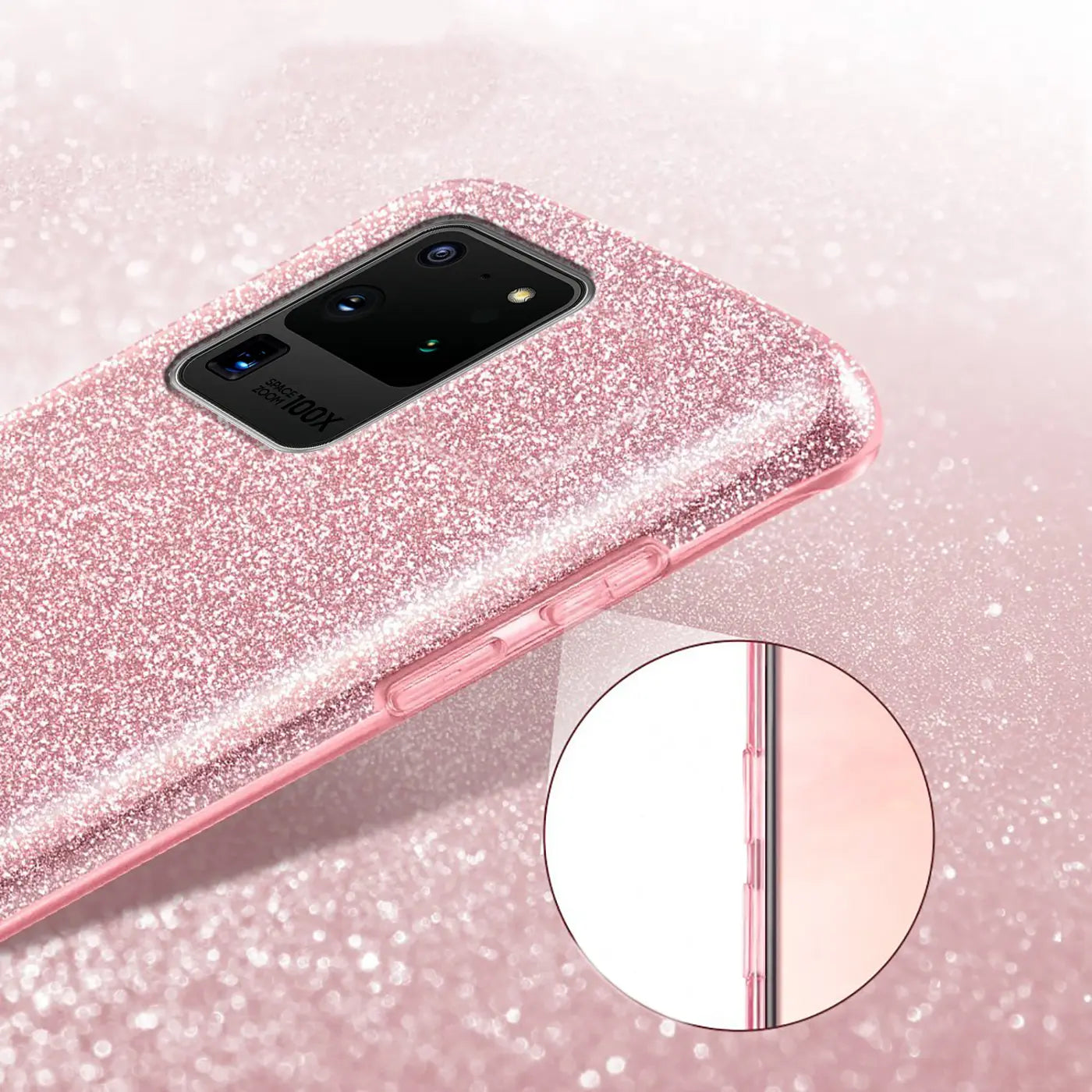 Rosa Glitzer TPU Hülle für Samsung Galaxy S20 Ultra, von schräg oben fotografiert.