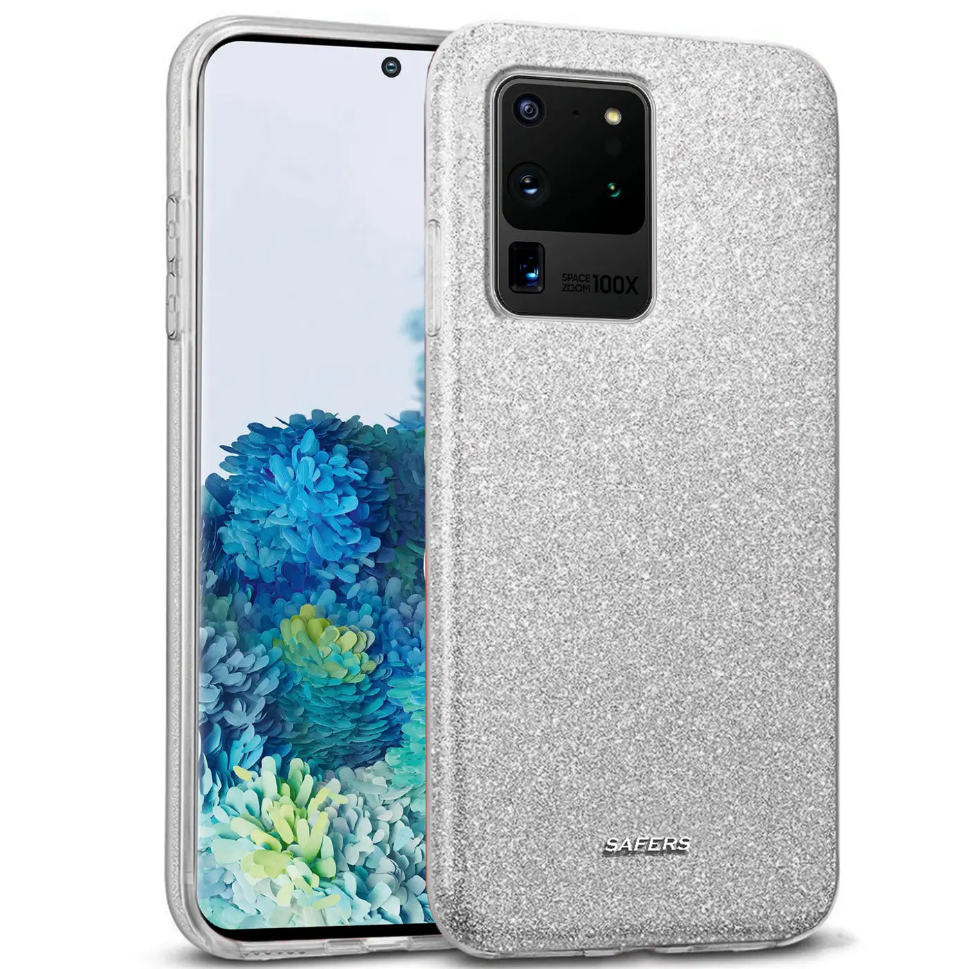 Silberne Glitzer TPU Hülle auf Samsung Galaxy S20 Ultra, von vorne, leicht schräg.