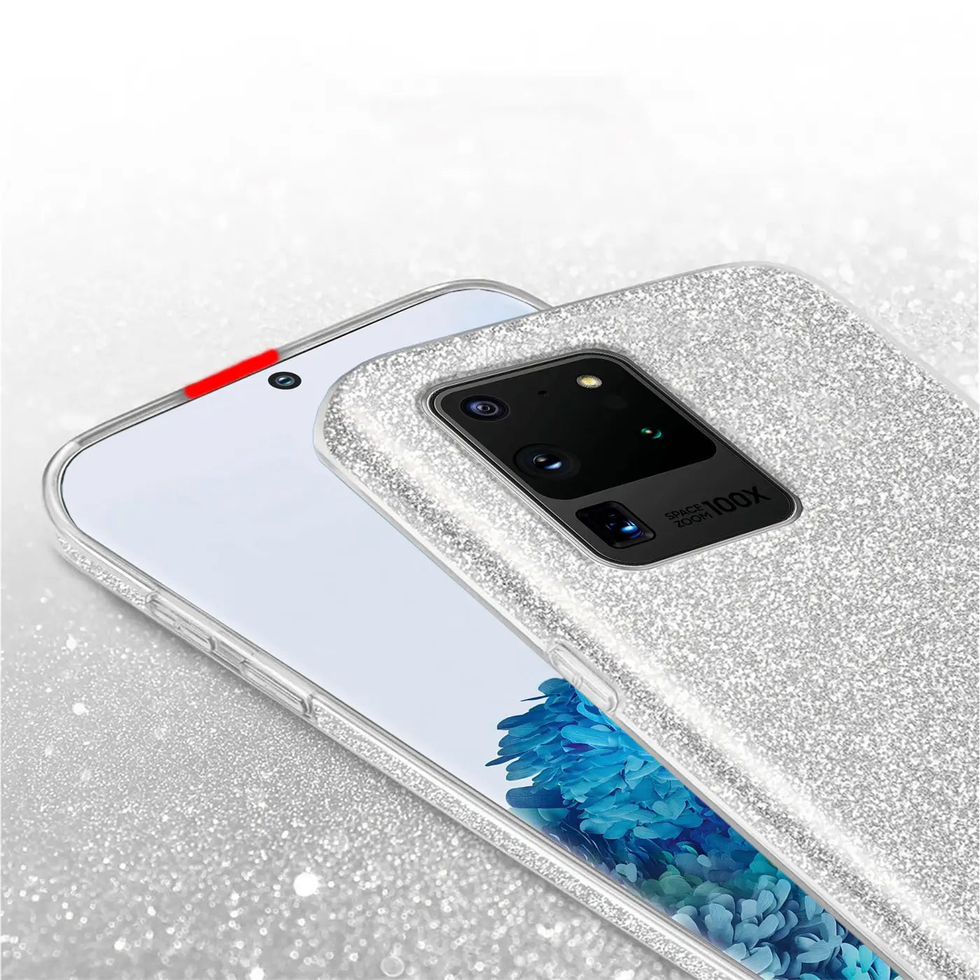 Silberne Glitzer TPU Hülle auf Samsung Galaxy S20 Ultra, Nahaufnahme von hinten.