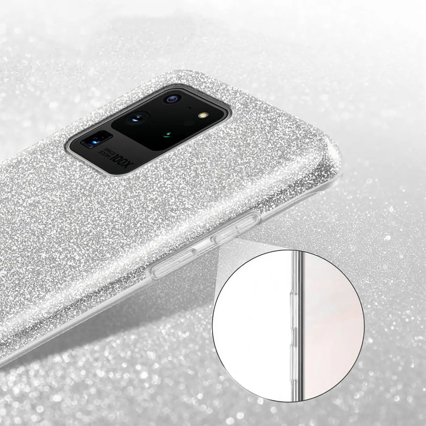 Silberne Glitzer-TPU-Hülle für Samsung Galaxy S20 Ultra, Seitenansicht.