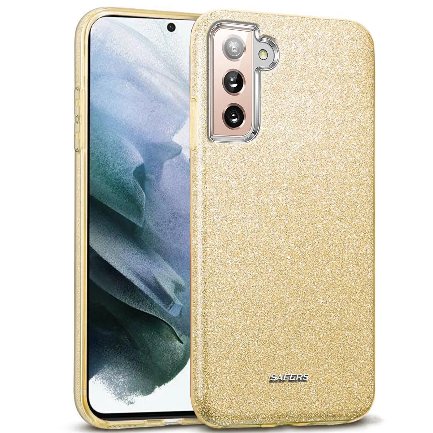 Goldene Glitzer-TPU-Hülle für Samsung Galaxy S21, von vorne links gezeigt.