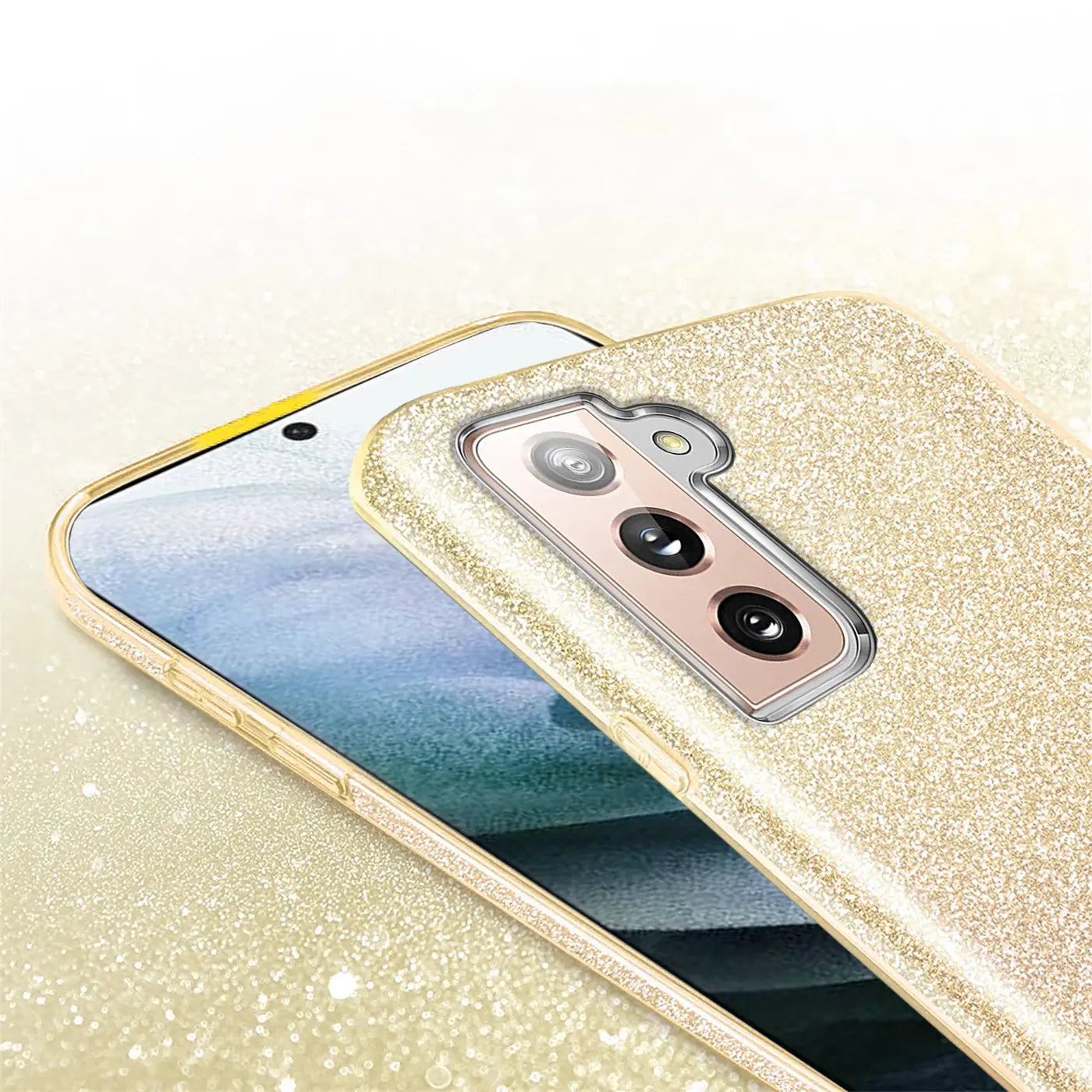 Goldene Glitzer TPU Hülle auf Samsung Galaxy S21, Nahaufnahme von hinten.