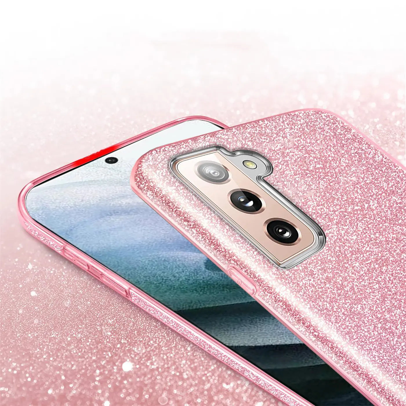 Rosa Glitzer TPU Hülle auf Samsung S21 Plus, Nahaufnahme von hinten.