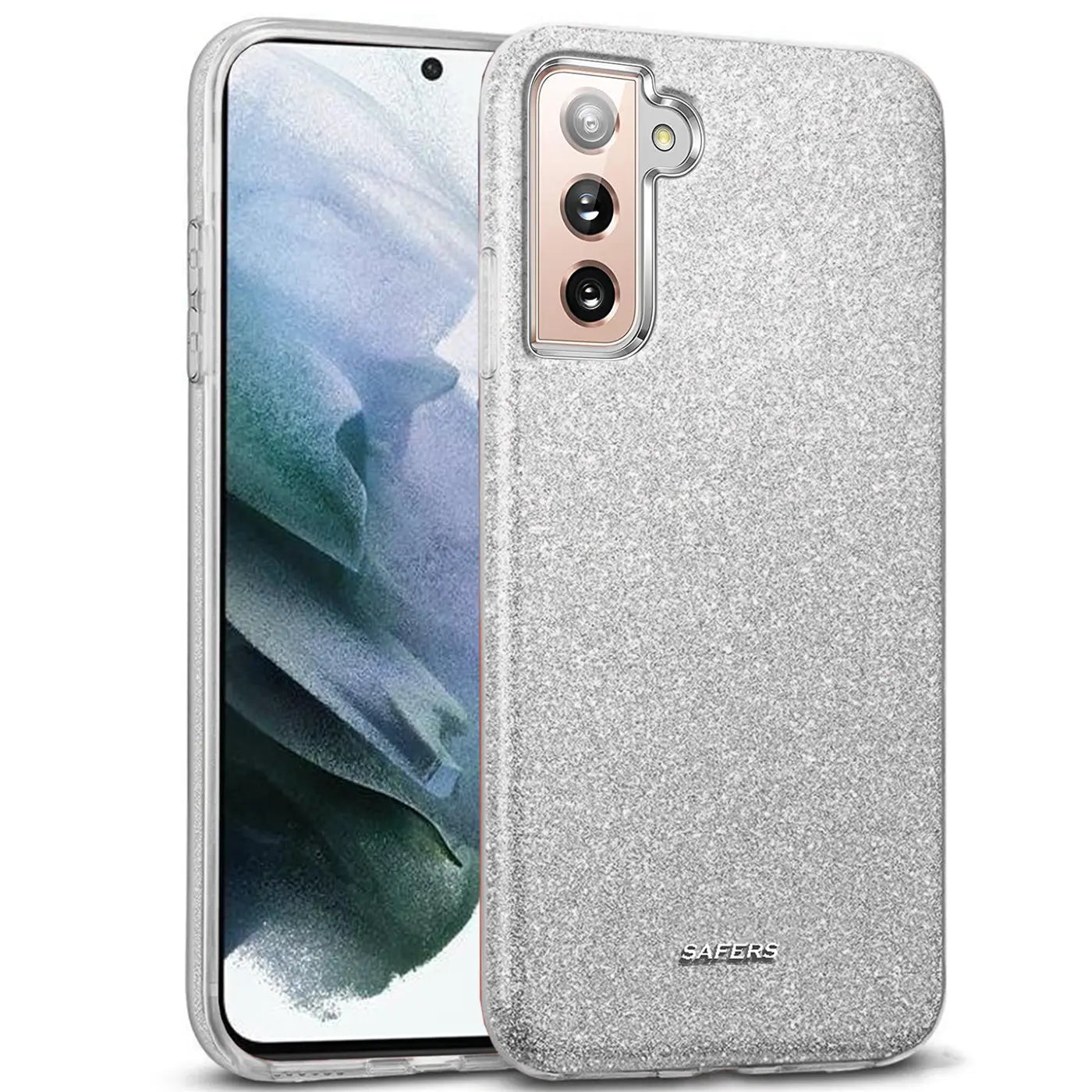 Silberne Glitzer-TPU-Hülle auf Samsung Galaxy S21 Plus, von vorne links gezeigt.