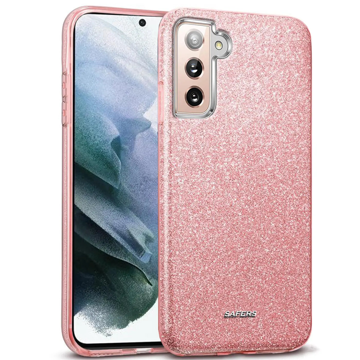 Rosa Glitzer TPU Hülle auf Samsung Galaxy S21, von schräg oben.