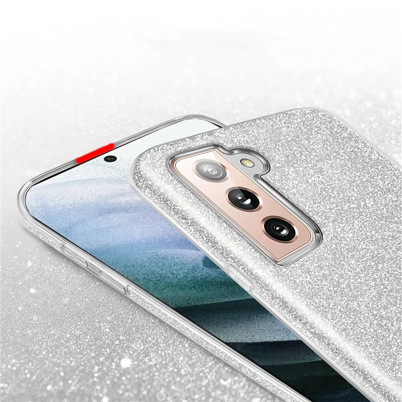 Silberne Glitzer-TPU-Hülle auf Samsung Galaxy S21, Nahaufnahme von hinten.