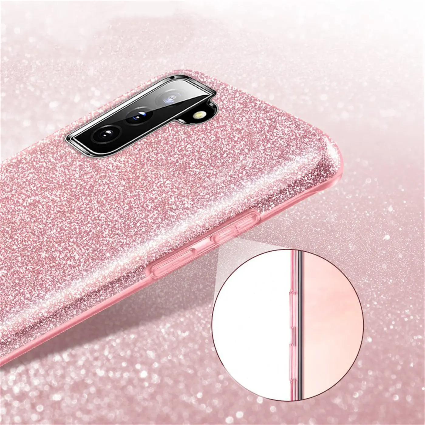Rosa Glitzer TPU Hülle, Rückansicht, Samsung Galaxy S22 Plus.