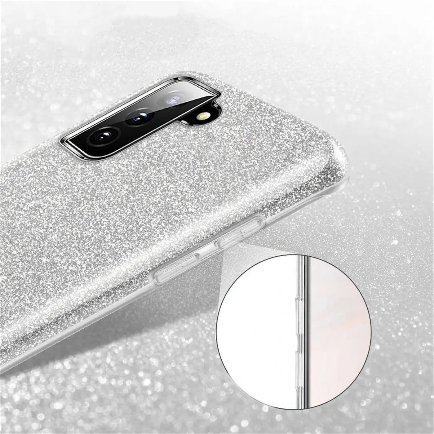 Silberne Glitzer-TPU-Hülle für Samsung Galaxy S22, Nahaufnahme der Rückseite.
