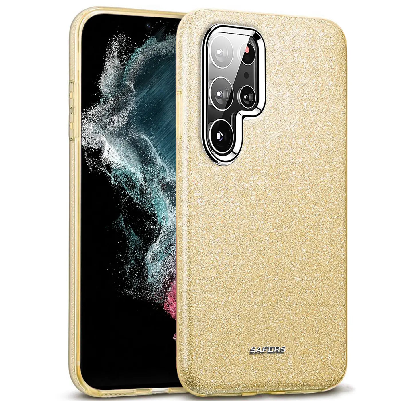 Goldene Glitzer TPU Hülle für Samsung S22 Ultra, von vorne schräg gezeigt.