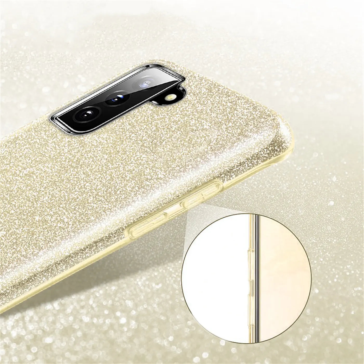 Goldene Glitzer TPU Hülle auf Samsung S22 Ultra, Nahaufnahme von hinten.