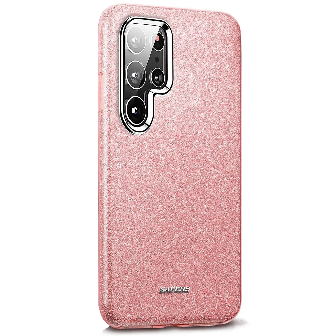 Rosa Glitzer TPU Hülle für Samsung Galaxy S22 Ultra, Rückansicht, Nahaufnahme.