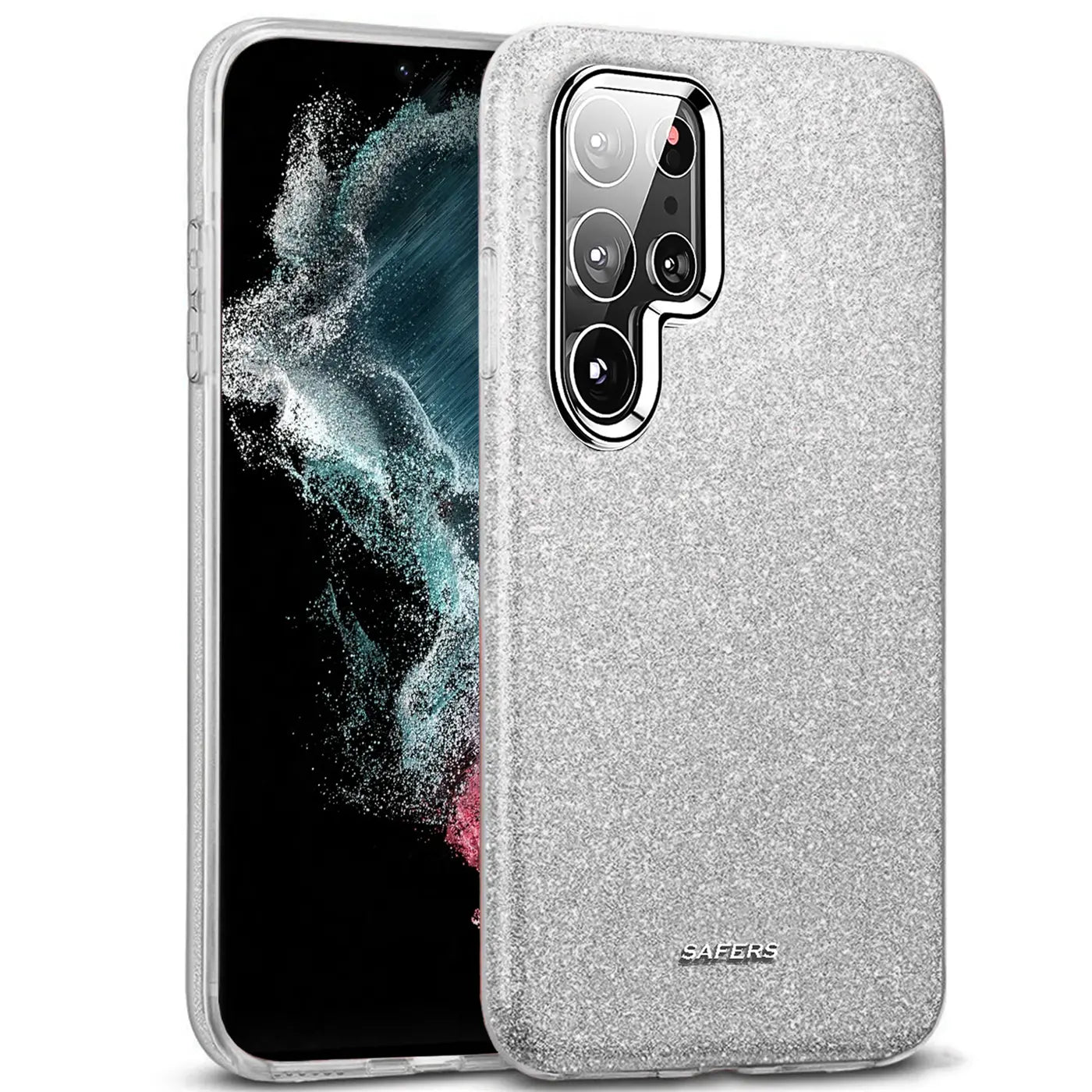 Silberne Glitzer-TPU-Hülle auf Samsung Galaxy S22 Ultra, von schräg vorne