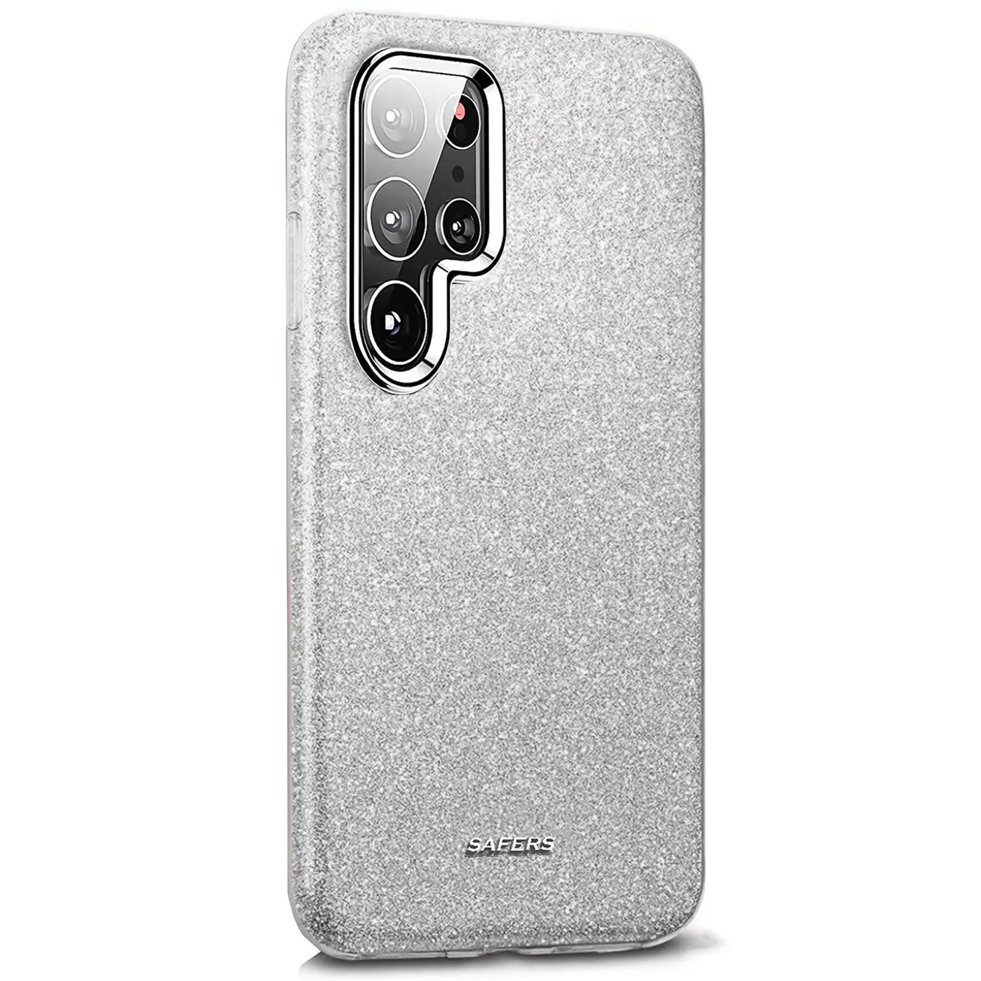 Silberne Glitzer-TPU-Hülle für Samsung Galaxy S22 Ultra, von vorne leicht schräg.