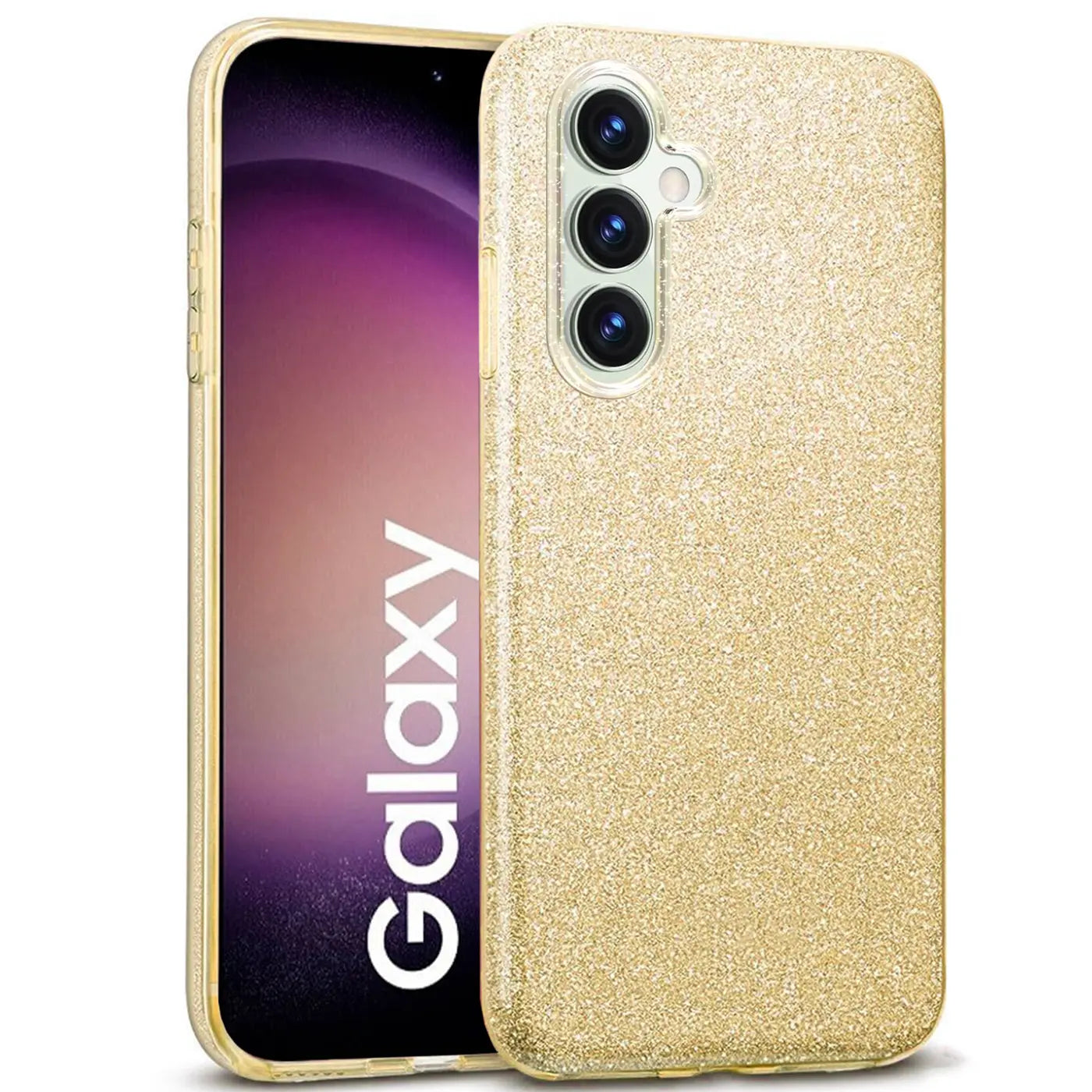 Goldene Glitzer TPU Hülle auf Samsung Galaxy S23 FE, von vorne.