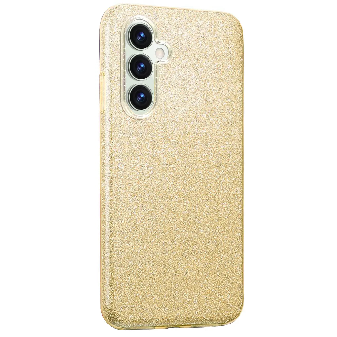 Goldene Glitzer-TPU-Hülle für Samsung Galaxy S23 FE, Rückansicht, von schräg oben.