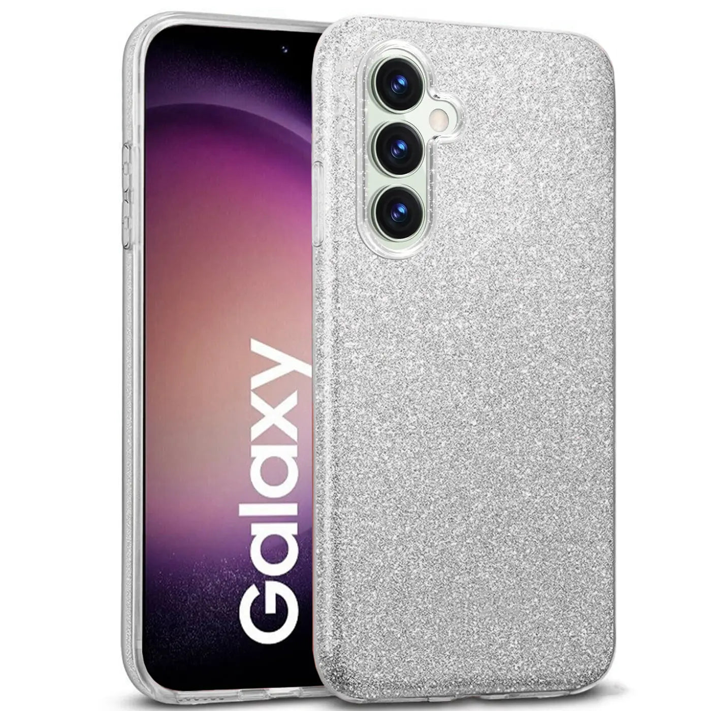 Silberne Glitzer-TPU-Hülle für Samsung Galaxy S23 FE, von vorne schräg fotografiert.