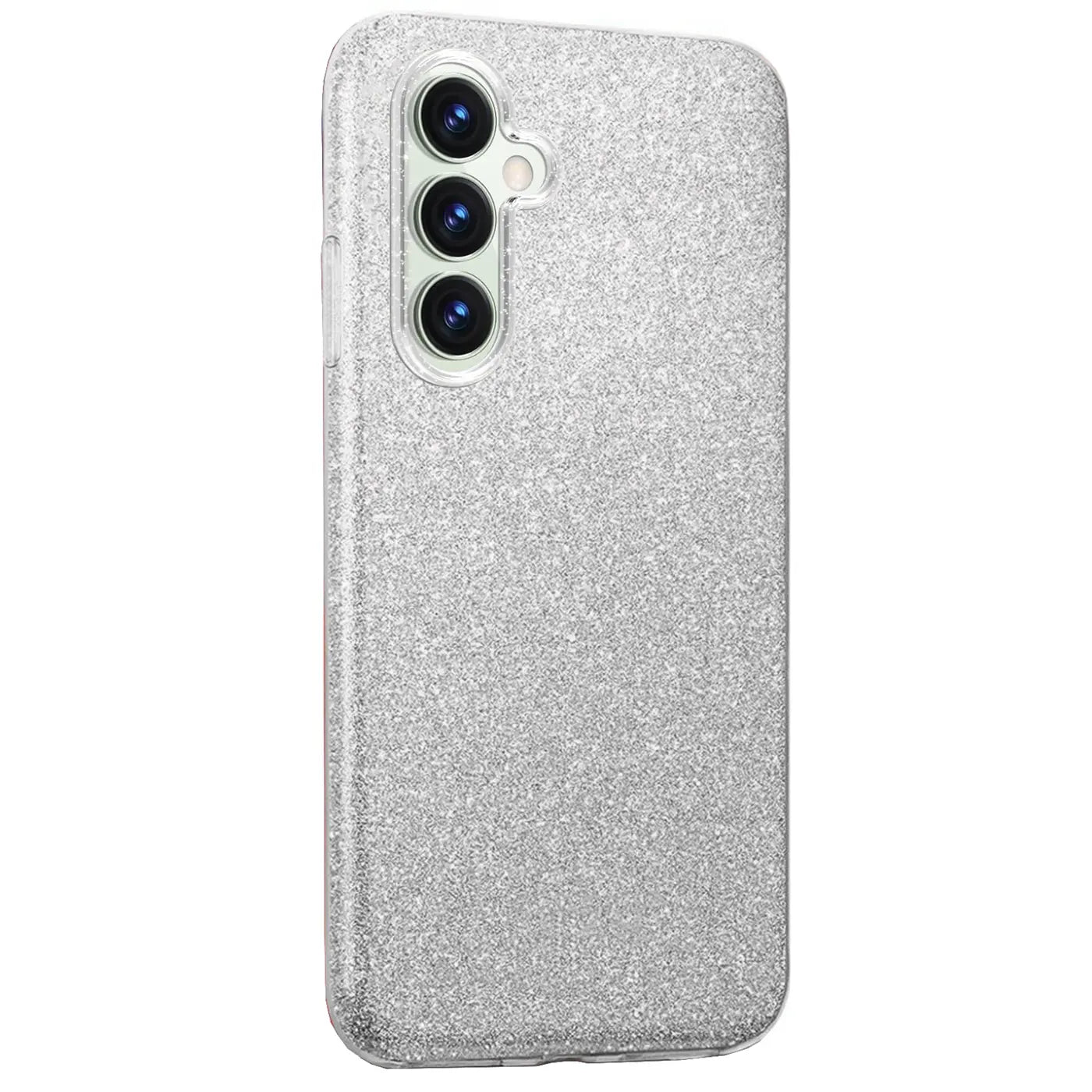 Silberne Glitzer TPU Hülle für Samsung Galaxy S23 FE, Rückansicht, leicht schräg.