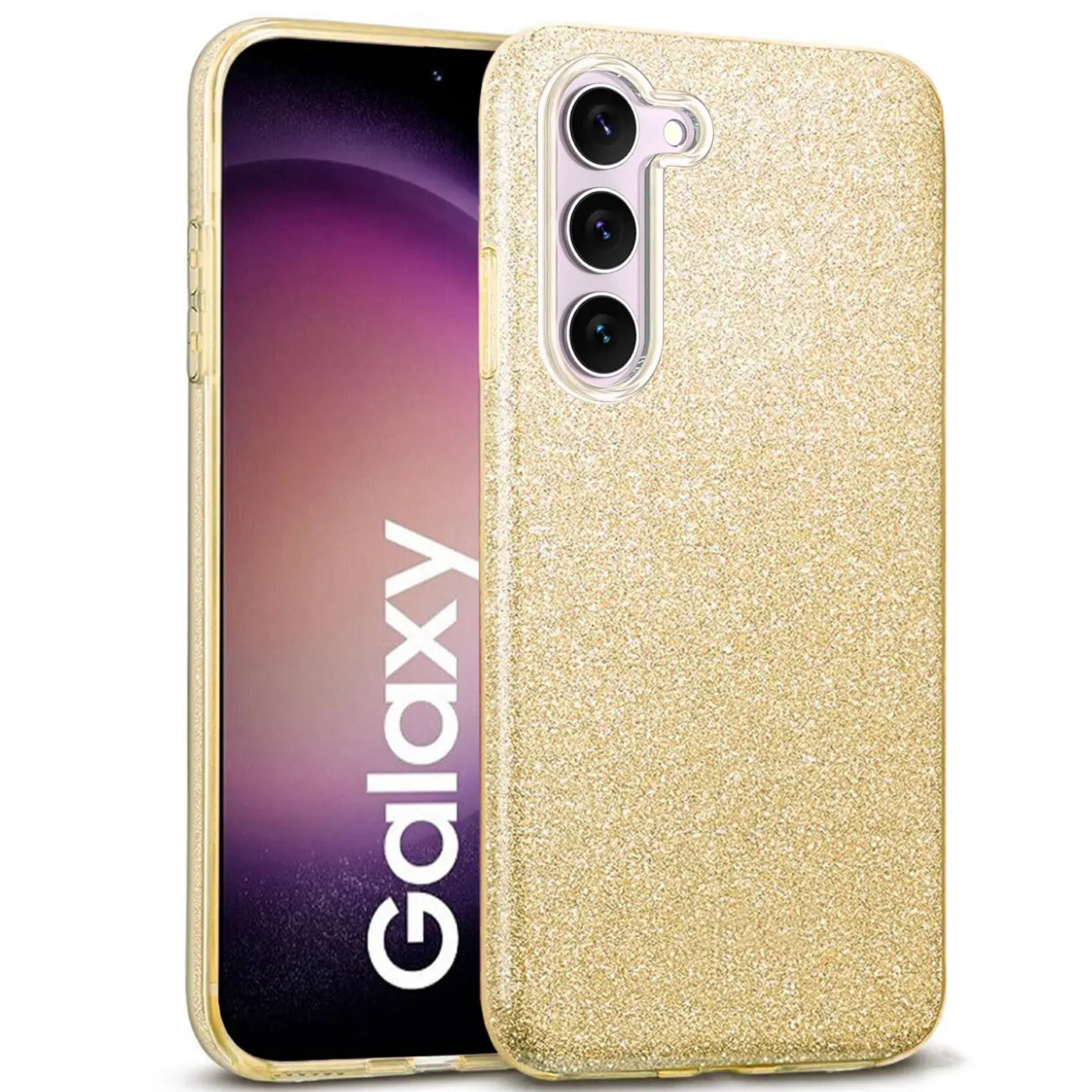 Goldene Glitzer-TPU-Hülle auf einem Samsung Galaxy S23, von vorne schräg.