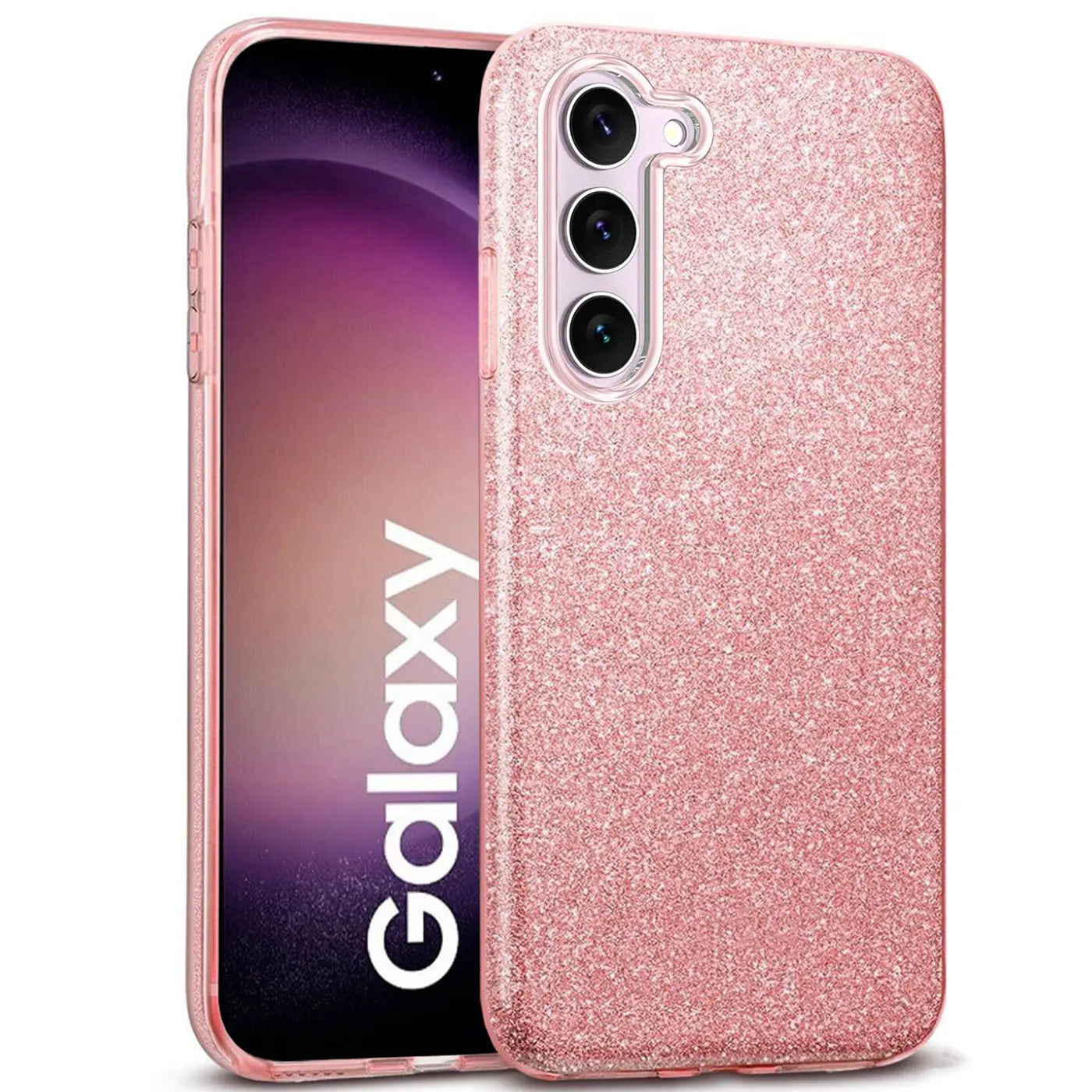 Rosa Glitzer TPU Hülle auf Samsung Galaxy S23, von vorne schräg fotografiert.