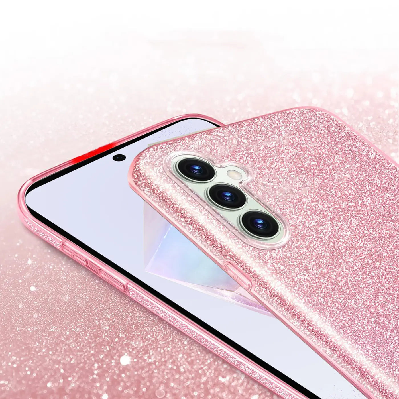 Rosa Glitzer TPU Hülle auf Samsung Galaxy S23, Nahaufnahme von hinten.