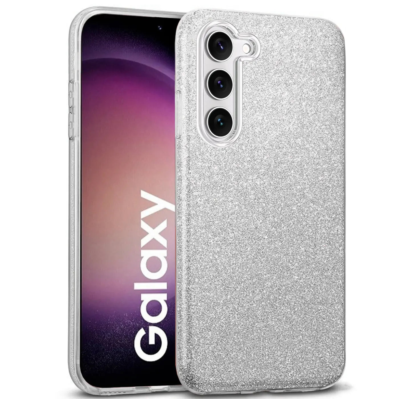 Silberne Glitzer-TPU-Hülle auf einem Samsung Galaxy S23, von vorne links gesehen.