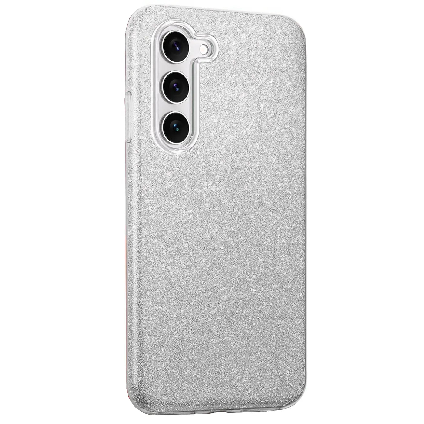 Silberne Glitzer TPU Hülle für Samsung Galaxy S23, Rückansicht, leicht schräg.