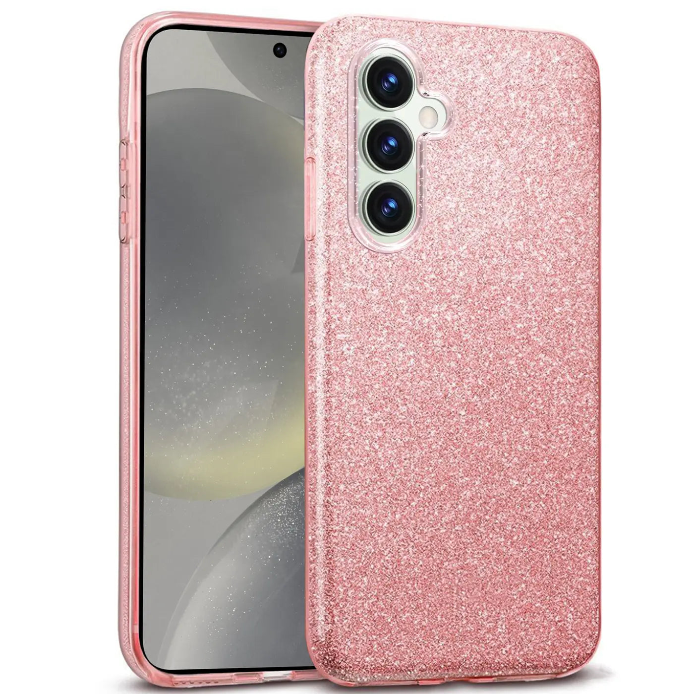 Rosa Glitzer TPU Hülle für Samsung Galaxy S24 FE, von vorne links gezeigt.