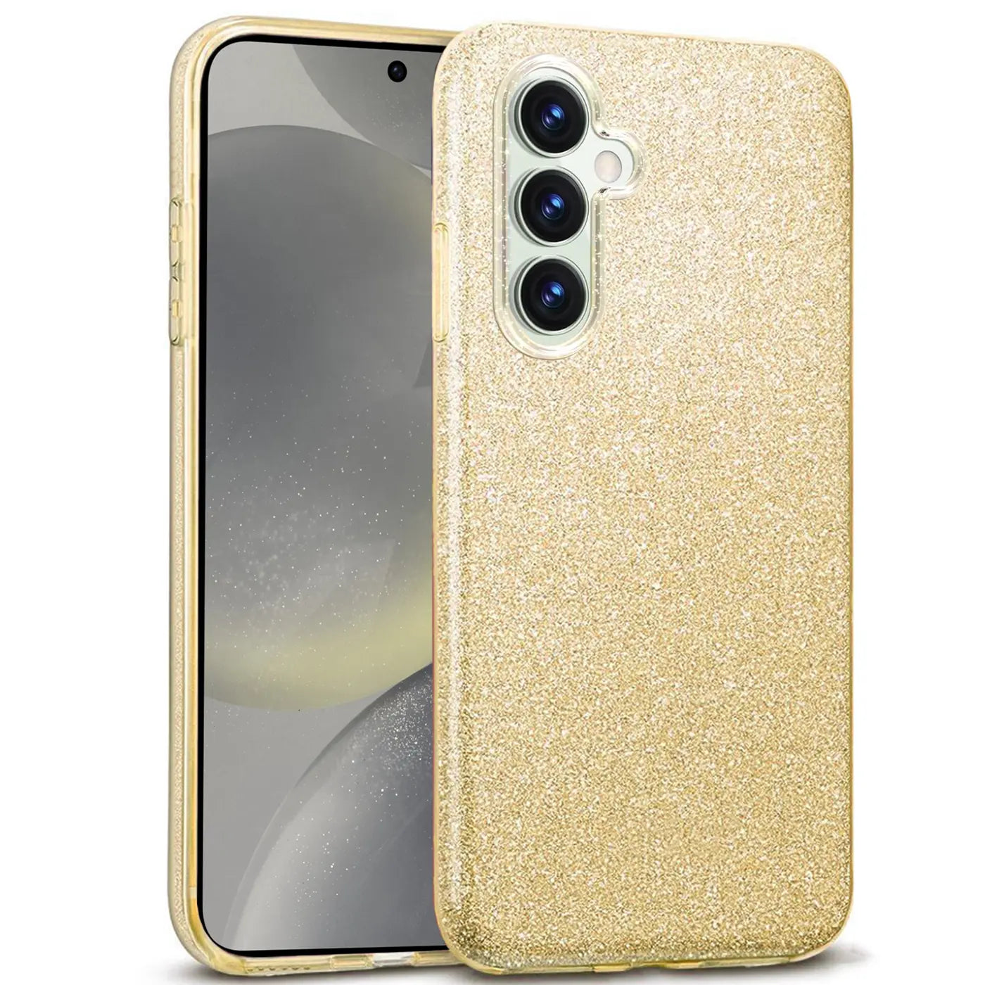 Goldene Glitzer TPU Hülle für Samsung Galaxy S24, von vorne schräg gezeigt.